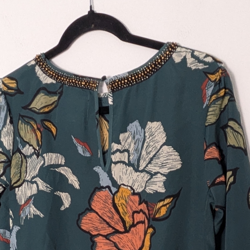 Maeve Anthropologie Mini Dress Green Peonies 3/4 Sleeve Small Beaded Neck Sz PS - Picture 7 of 14